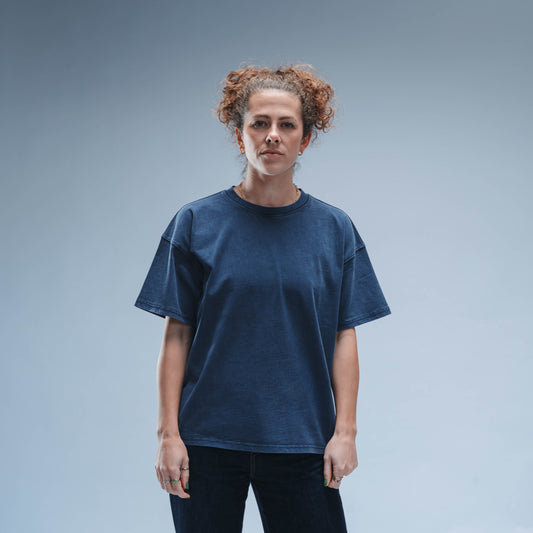 Woven Label Boxy Tee Short Sleeve Unisex (Washed Navy)
