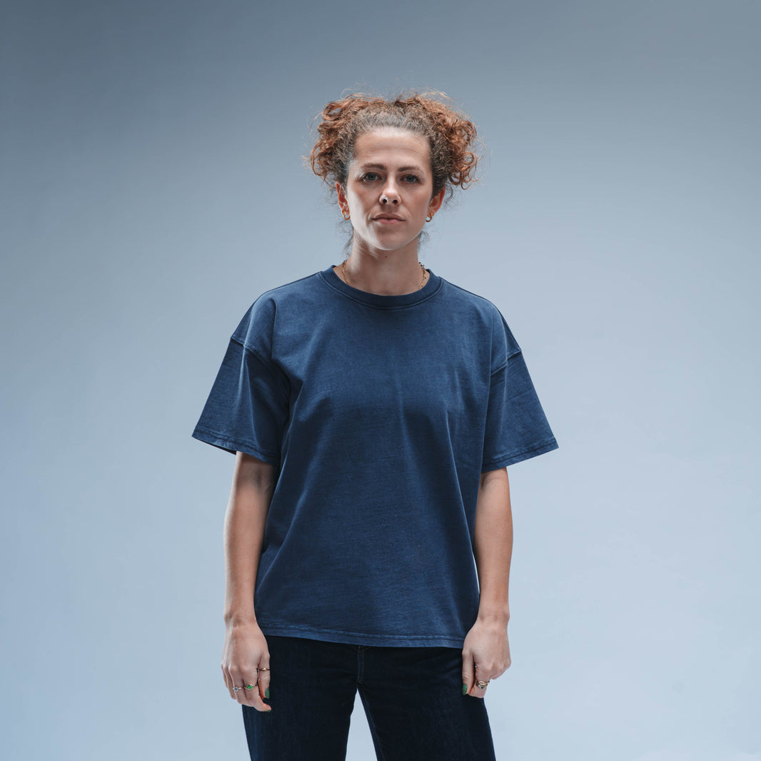 Woven Label Boxy Tee Short Sleeve Unisex (Washed Navy)