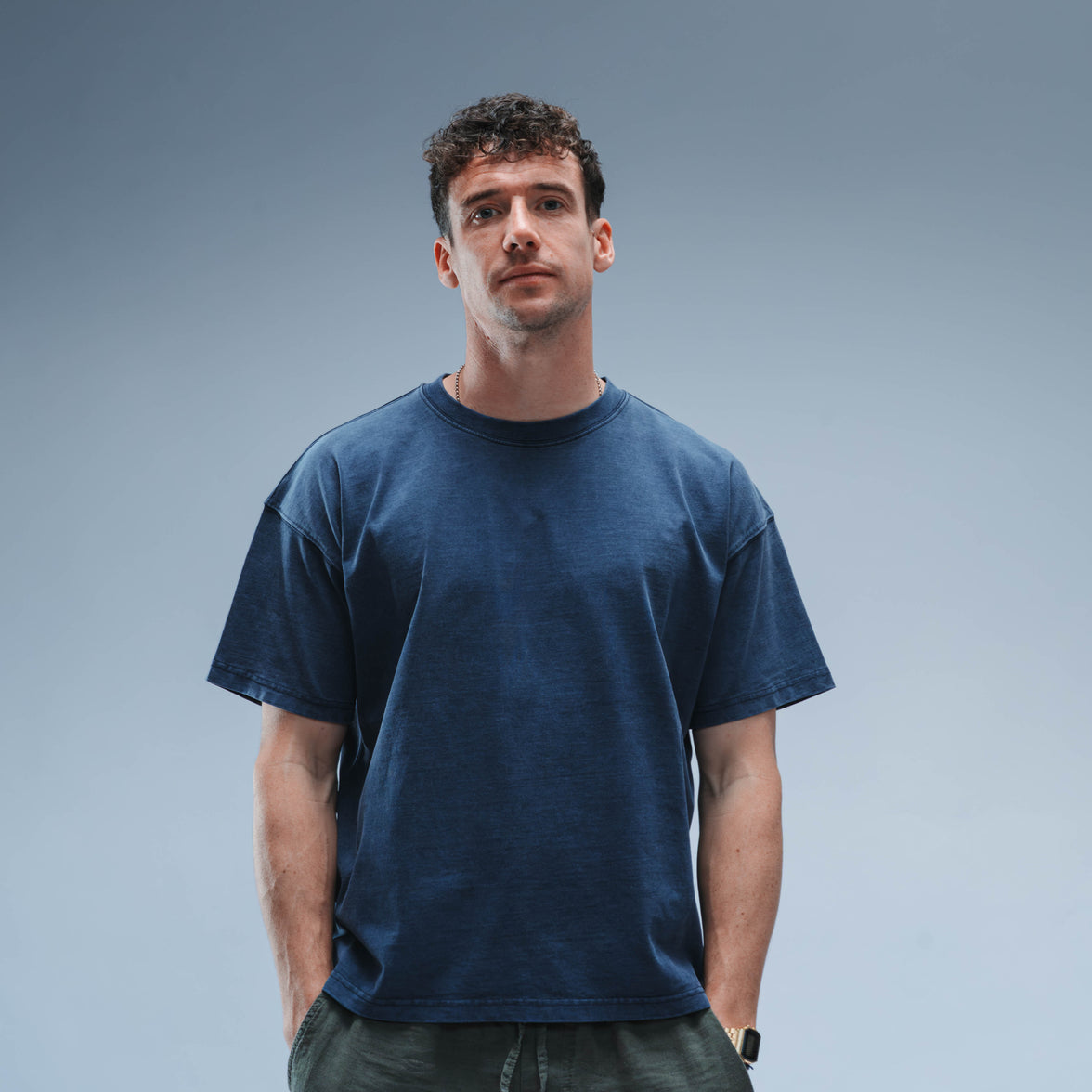 BF25 Woven Label Boxy Tee Short Sleeve Unisex (Washed Navy)