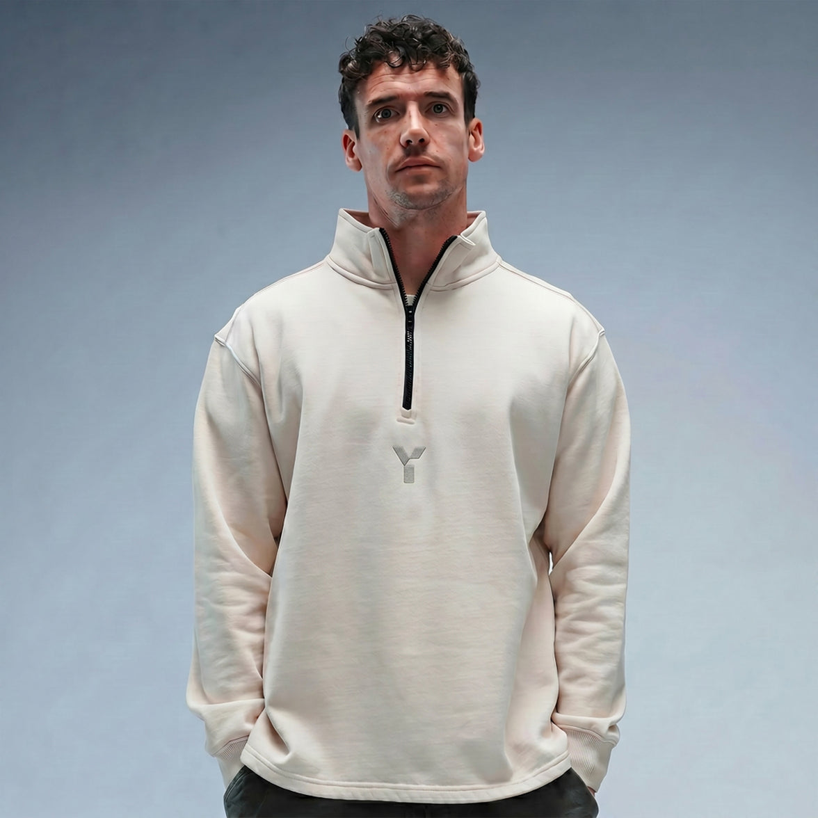 Oversized Stonewash White Logo Quarter Zip