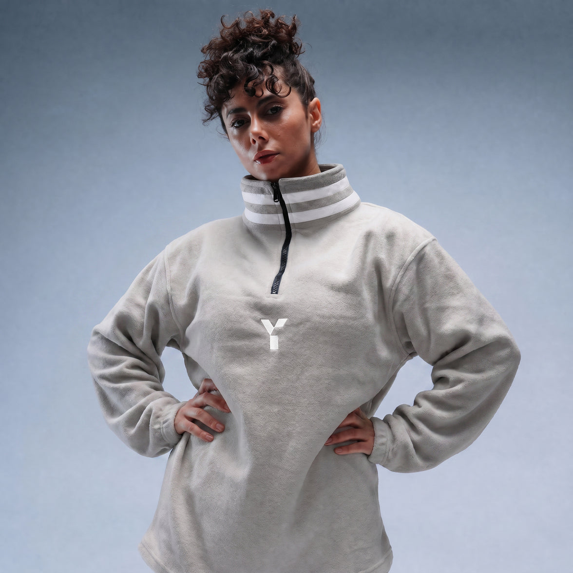 Oversized Stonewash White Logo Retro Zip