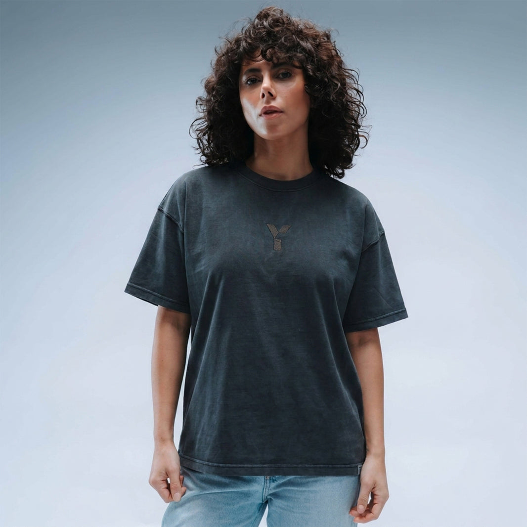 Women's Oversized Stonewash Black Logo Tee