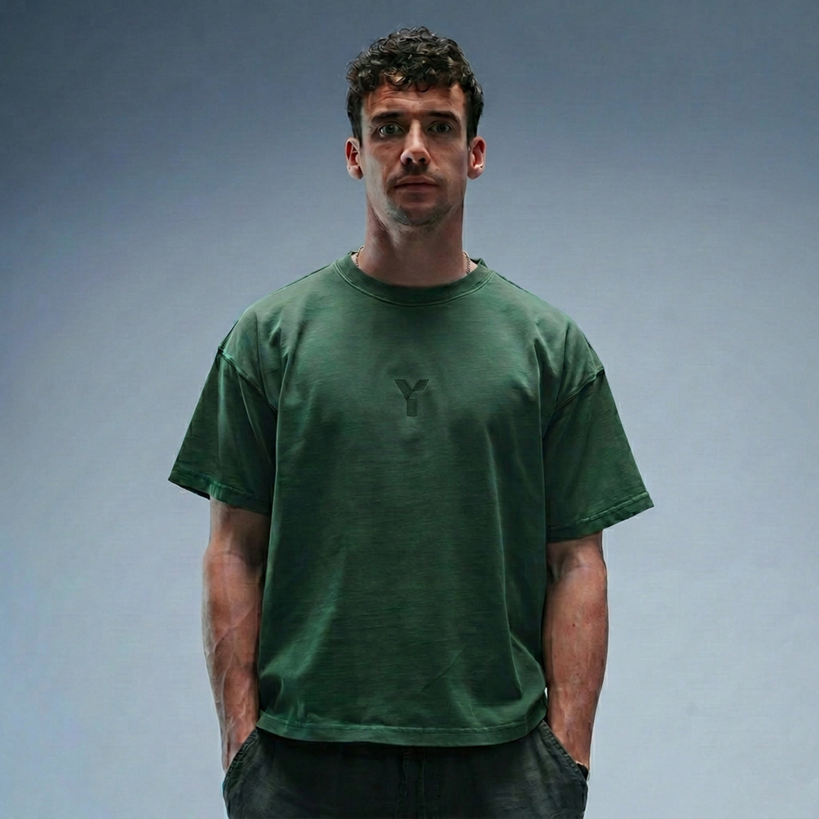 Men's Oversized Stonewash Green Logo Tee