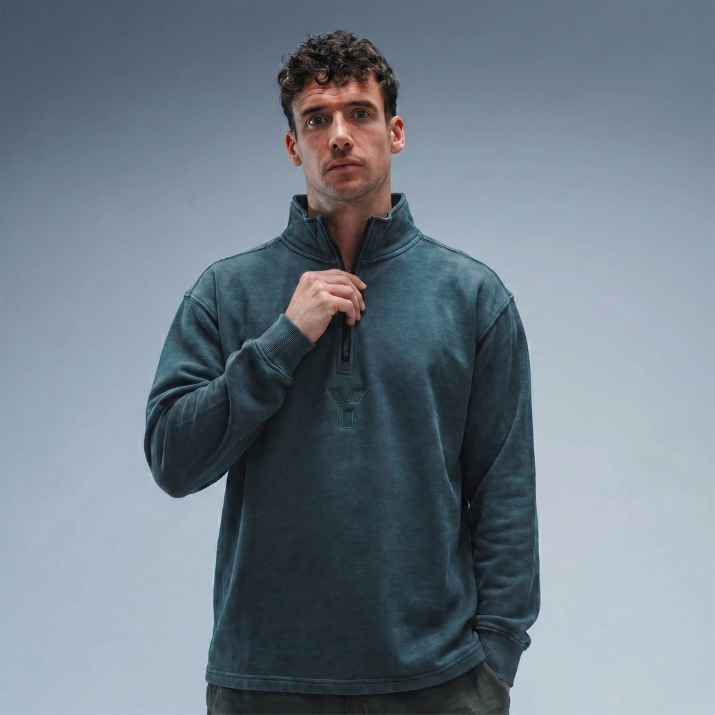 Oversized Stonewash Navy Logo Quarter Zip