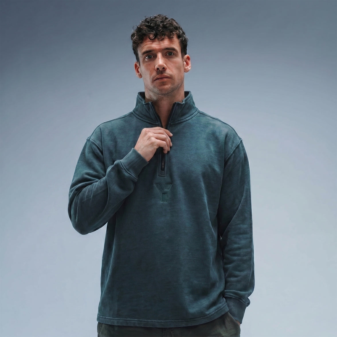 Oversized Stonewash Navy Logo Quarter Zip